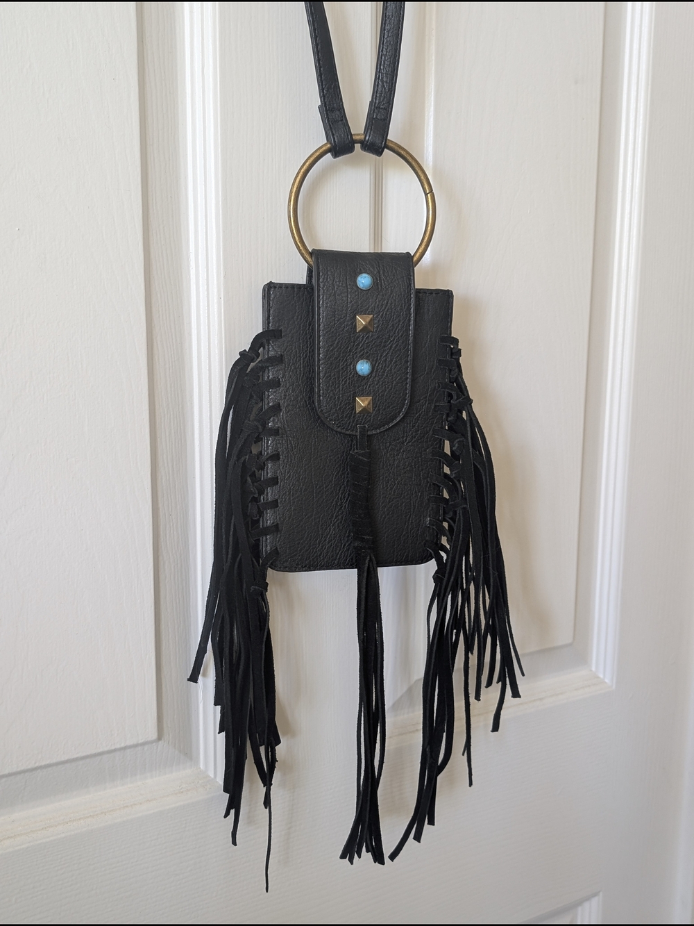 MUDD: Black Fringe Crossbody Phone Bag with Gold Ring